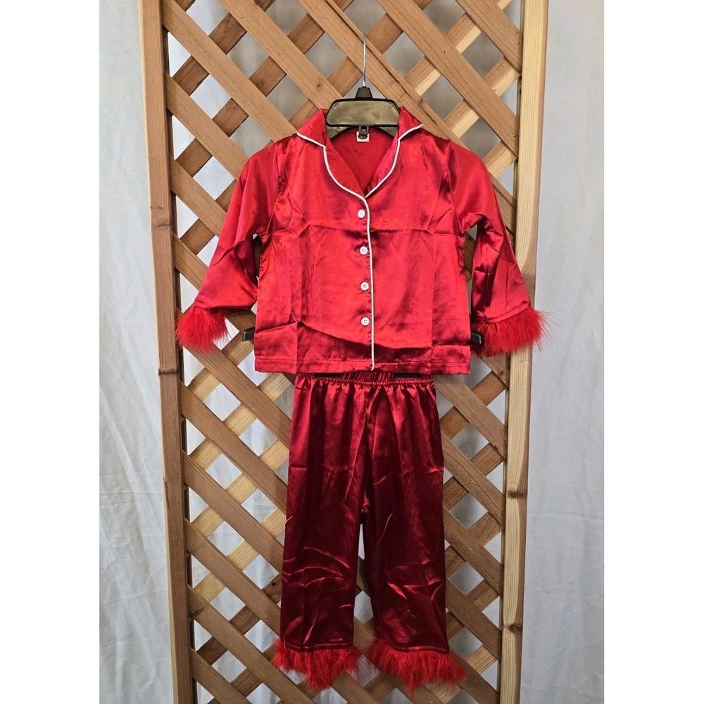 NEW‎ Toddler Satin Pajama Set - Feather Trim Shirt, Pants - Red - Size Ages 2-3